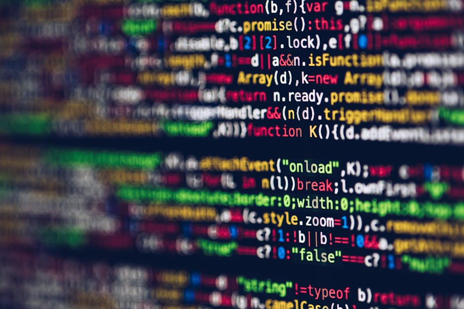 A close-up photograph of a computer screen displaying lines of HTML code highlighted in various colors. The code includes heading tags, image source links with alt text indicating images of a dog, and